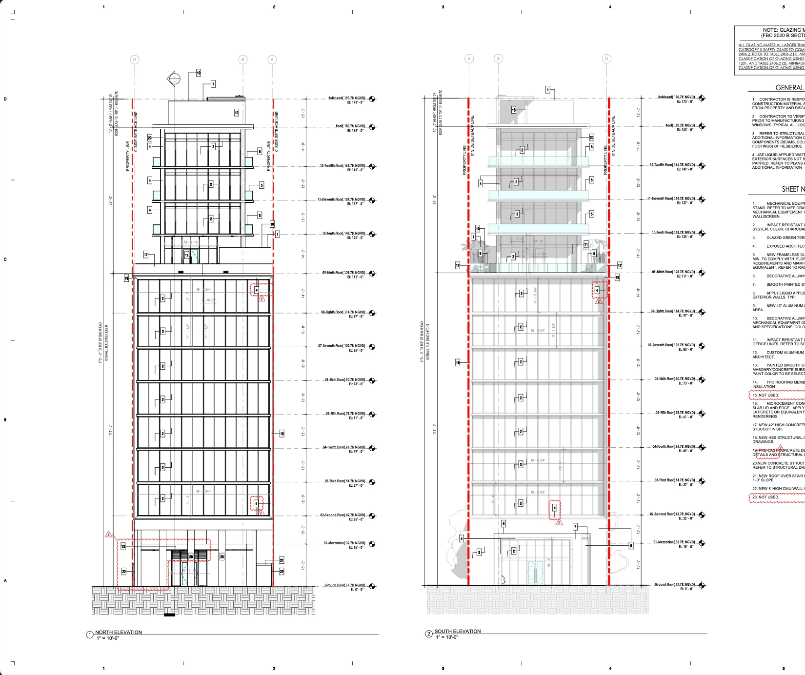Curtain wall elevation drawing — a multi-story tower with floor-by-floor aluminum framing, glass lites, and spandrel panels across the north and south elevations.